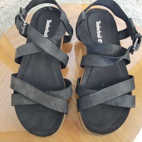 Women's Timberland Sandals Leather Malibu Waves Black and Cork Size Size 9 Wide - Picture 1 of 10